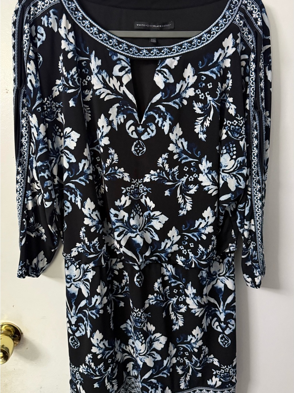 White House Black Market Black and Blue Embroidered Neckline Dress